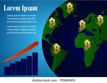 Bitcoin growth concept. Bitcoin revenue illustration. Stacks of gold coins like income graph