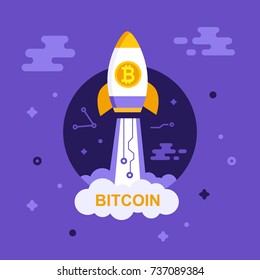 Bitcoin growth concept with rocket. Crypto currency. Digital money. Block chain. Finance symbol. Flat style vector illustration