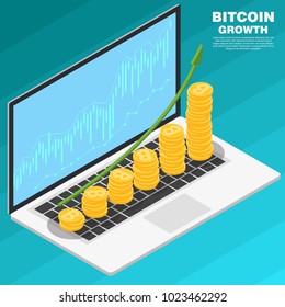 Bitcoin growth concept. Stack of golden Bitcoin to open the laptop with growth graph. The concept of increasing the value of Cryptocurrency. Isometric vector