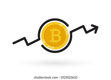 Bitcoin growth concept. Stacks of gold coins and income graph with bitcoin.Bitcoin revenue. Gold Bitcoin BTC is climbing to the next peak. Cryptocurrency has new high record all time high. BTC coin