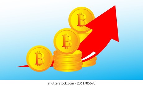 Bitcoin growth concept. Stacks of gold coins and income graph with bitcoin.Bitcoin revenue. Gold Bitcoin BTC is climbing to the next peak. Cryptocurrency has new high record all time high. BTC coin