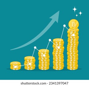 Bitcoin growth concept. Stacks of gold coins and income graph with bitcoin.Bitcoin revenue. Gold Bitcoin BTC is climbing to the next peak. Cryptocurrency has new high record all time high. BTC coin