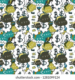 Bitcoin growth concept. Vector illustration. Bitcoin revenue illustration. Seamless business pattern. On white, neutral and green colored background.