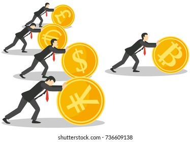 Bitcoin growth concept vector illustration. Businessmen pushing up golden coins with dollar, euro, yen, pound symbols, bitcoin is ahead of the other currencies.