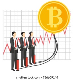 Bitcoin growth concept vector illustration. Businessmen blowing balloon in shape of golden coin with bitcoin currency symbol, bitcoin growth graph.