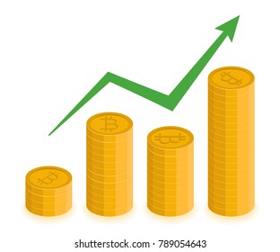Bitcoin growth concept. Vector stacks of coins with increasing arrow