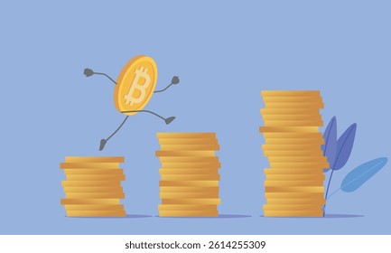 Bitcoin growth, cryptocurrency investment, trading, mining, saving money. Vector illustration of getting profit, digital currency, electronic money, fintech, increasing income