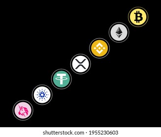 Bitcoin growth, Bitcoin, Ethereum, Binance Coin, XRP, Tether, Cardano, uniswap. vector