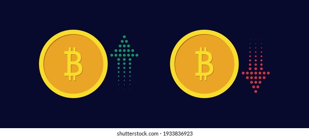 Bitcoin growth and fall concept. Arrow up and down. Market trend illustration. Increase and decrease virtual currency.