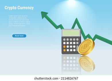 Gráfico de crecimiento de bitcoin, inversión de moneda cripto, financiación descentralizada. bitcoin 3D con beneficio de crecimiento y calculadora. Ganancia de la inversión criptográfica y éxito en el mercado de valores digital.