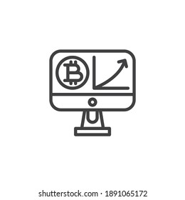 Icono de línea de gráfico de crecimiento de bitcoin. signo de estilo lineal para concepto móvil y diseño web. Icono de vector de contorno de tasa de divisa criptográfica. Símbolo, ilustración del logotipo. Gráficos vectoriales