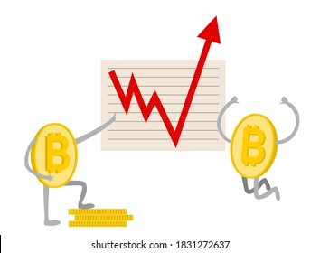 Bitcoin. Growth. Bitcoin growth graph. Red arrow up. Bitcoin index rating go up on exchange market. Crypto currency. Bitcoin characters. Golden coins isolated on white background. Vector illustration.