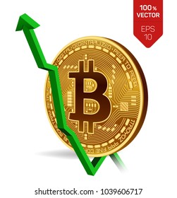 Bitcoin. Growth. Green arrow up. Bitcoin index rating go up on exchange market. Crypto currency. 3D isometric Physical Golden coin isolated on white background. Vector illustration.