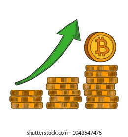 Bitcoin Growth And Increase Stock Vector Image, Digital Currency, Cryptocurrency Money, Bitcoin Symbol. Doodle And Engraved Style Illustration, Hand Drawn. Isolated On White Background.