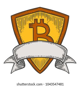 Bitcoin growth and increase stock vector image, digital currency, cryptocurrency money, bitcoin symbol. Doodle and engraved style illustration, hand drawn ribbon, shield. Isolated on white background.