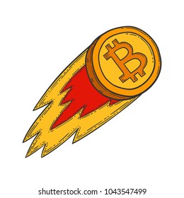 Bitcoin growth and increase stock vector image, digital currency, cryptocurrency money, bitcoin symbol. Doodle and engraved style illustration, hand drawn, flame. Isolated on white background.