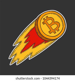 Bitcoin growth and increase stock vector image, digital currency, cryptocurrency money, bitcoin symbol. Doodle and engraved style illustration, hand drawn, flame.
