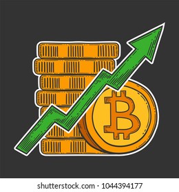 Bitcoin growth and increase stock vector image, digital currency, cryptocurrency money, bitcoin symbol. Doodle and engraved style illustration, hand drawn.