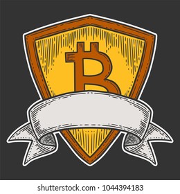 Bitcoin growth and increase stock vector image, digital currency, cryptocurrency money, bitcoin symbol. Doodle and engraved style illustration, hand drawn ribbon, shield.