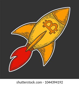 Bitcoin growth and increase stock vector image, digital currency, cryptocurrency money, bitcoin symbol. Doodle and engraved style illustration, hand drawn rocket.