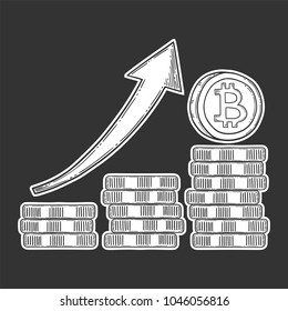 Bitcoin growth and increase stock vector image, digital currency, cryptocurrency money, bitcoin symbol. Doodle and engraved style illustration, hand drawn.
