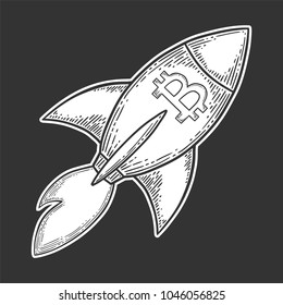 Bitcoin growth and increase stock vector image, digital currency, cryptocurrency money, bitcoin symbol. Doodle and engraved style illustration, hand drawn rocket.