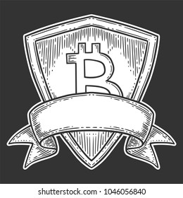 Bitcoin growth and increase stock vector image, digital currency, cryptocurrency money, bitcoin symbol. Doodle and engraved style illustration, hand drawn ribbon, shield.