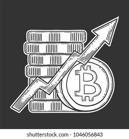 Bitcoin growth and increase stock vector image, digital currency, cryptocurrency money, bitcoin symbol. Doodle and engraved style illustration, hand drawn.