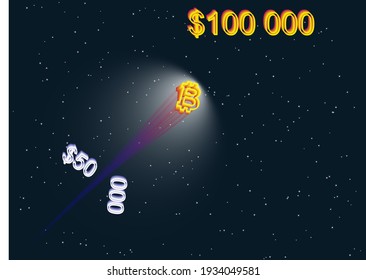 Bitcoin growth, The rapid growth of Bitcoin, Bitcoin breaks $ 50000 barrier amid speculation over spin-off. Bitcoin logo rocket launcher, cryptocurrency concept. 