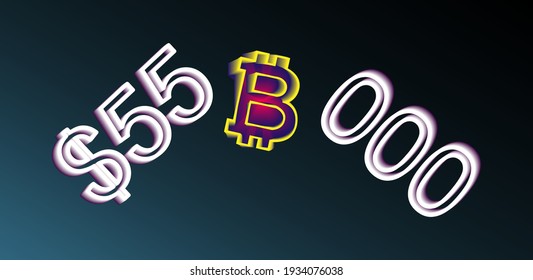 Bitcoin growth, The rapid growth of Bitcoin, Bitcoin breaks $ 55000 barrier amid speculation over spin-off. Bitcoin logo rocket launcher, cryptocurrency concept. 