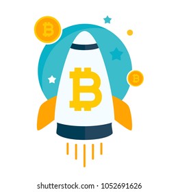 Bitcoin growth rocket concept of cryptocurrency technology, exchange, mobile banking. Surging to record high