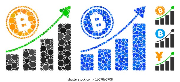 Bitcoin growth trend composition of round dots in variable sizes and shades, based on Bitcoin growth trend icon. Vector round dots are united into blue collage.