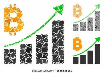 Bitcoin growth trend mosaic of irregular items in variable sizes and color tinges, based on Bitcoin growth trend icon. Vector rugged items are organized into collage.