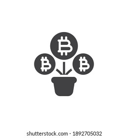 Icono del vector de crecimiento de bitcoin. signo plano relleno para concepto móvil y diseño web. Icono de glifo de planta de dinero de criptodivisa. Símbolo, ilustración del logotipo. Gráficos vectoriales