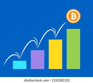 Bitcoin growth vector ilustration. Criptocurrency symbol with charts on blue background.