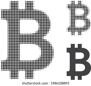 Bitcoin halftone dotted icon. Halftone array contains round dots. Vector illustration of bitcoin icon on a white background.