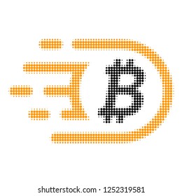Bitcoin halftone dotted icon with fast speed effect. Vector illustration of bitcoin designed for modern abstract with symbols of speed, rush, progress, energy.