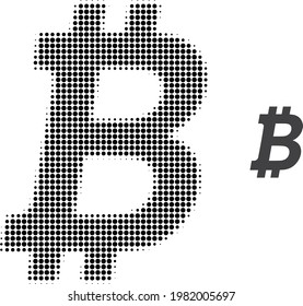 Bitcoin halftone dotted icon illustration. Halftone array contains round elements. Vector illustration of bitcoin icon on a white background. Flat abstraction for bitcoin pictogram.