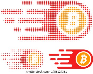 Bitcoin halftone dotted icon. Halftone pattern contains round elements. Vector illustration of bitcoin icon on a white background.