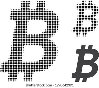 Bitcoin halftone dotted icon. Halftone pattern contains circle dots. Vector illustration of bitcoin icon on a white background.