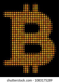 Bitcoin halftone vector icon. Illustration style is dotted iconic bitcoin symbol on a black background. Halftone pattern is constructed with round points.