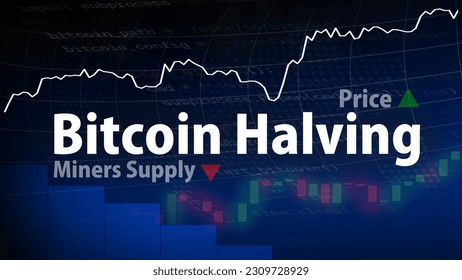 Bitcoin-Halbierung. Probleme auf dem Kryptowährungsmarkt. Das Konzept der abnehmenden Bergleute und des steigenden Bitcoin-Preises. Candlestick Muster, Snippet Gradation of Python Code für die Bergbauautomatisierung.