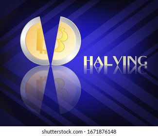 Bitcoin-Halbierung-Konzept. Vektorillustration-Illustration eines Kryptowährungszeichens, das in zwei Hälften geteilt ist, mit Reflexion auf dunklem Hintergrund. Halbierung der Vergütung von Bergarbeitern für die Gewinnung neuer BTC-Blöcke