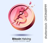 Bitcoin halving. Cracked bitcoin. Block rewards is reduced in 2 times. Illustration 3d vector