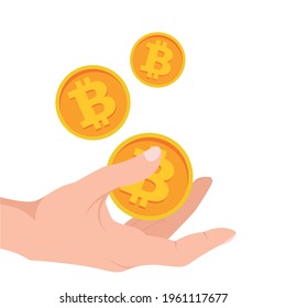 Bitcoin in hand concept. Cryptocurrency logo. Hands. Illustration isolated on white background. Flat style