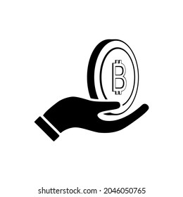 Bitcoin with hand icon isolated on white background. Bitcoin with hand vector design illustration. Bitcoin icon flat. Bitcoin simple sign.
