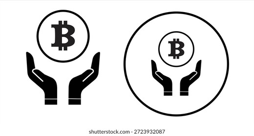 Bitcoin en el icono de la mano aislado en el fondo blanco. Ilustración vectorial