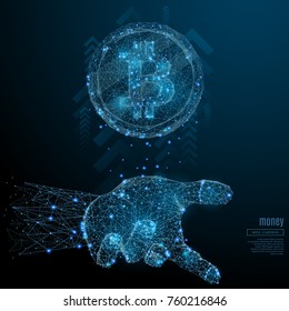 Bitcoin in the hand palm low poly wireframe. Vector polygonal image in the form of a starry sky or space, consisting of points, lines, and shapes in the form of stars with destruct shapes