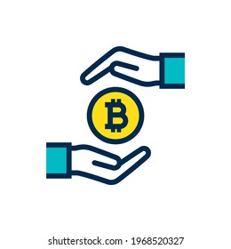 Bitcoin in hands. Donation icon. Bribe symbol concept isolated on white background. Vector illustration