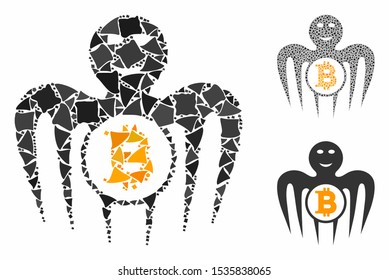 Bitcoin happy monster composition of humpy pieces in various sizes and color tints, based on Bitcoin happy monster icon. Vector unequal pieces are composed into collage.